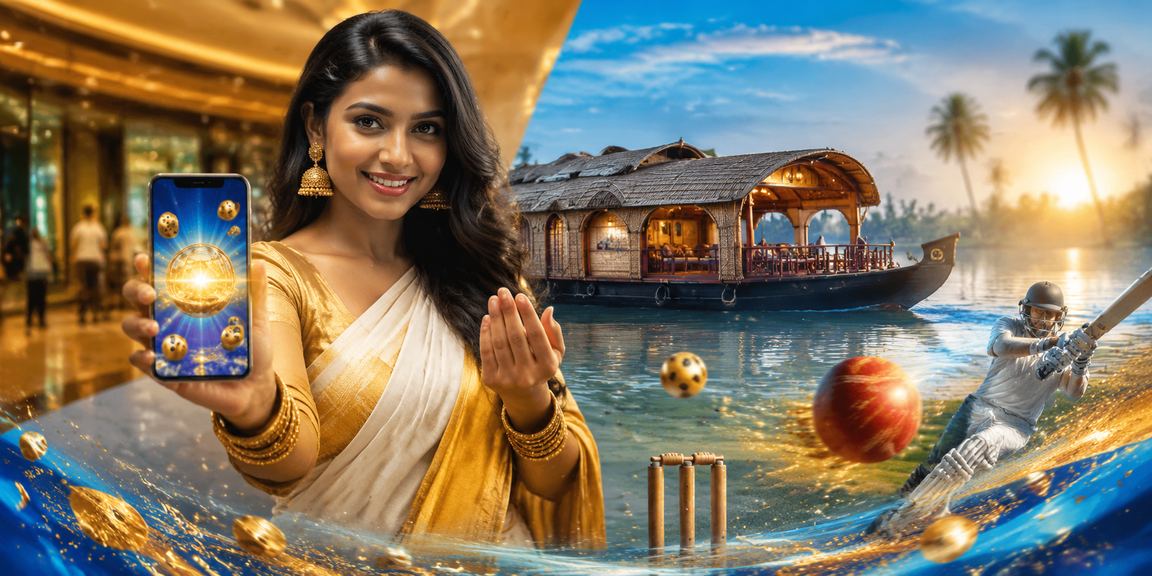Kerala backwaters scenic view with cricket and lottery theme highlighting online gaming